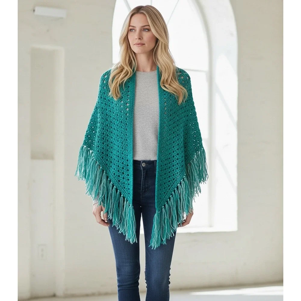 NEW Jade‎ Green Shawl Scarf Wrap Boho Eyelet Hand Knit Coastal Coquette Fairy